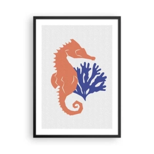 Plakat i sort ramme - Minimalistisk søhest- og koralgrafik - 50x70cm - På en eng under vandet - Moderne vægdekoration til stue og soveværelse ARTTOR