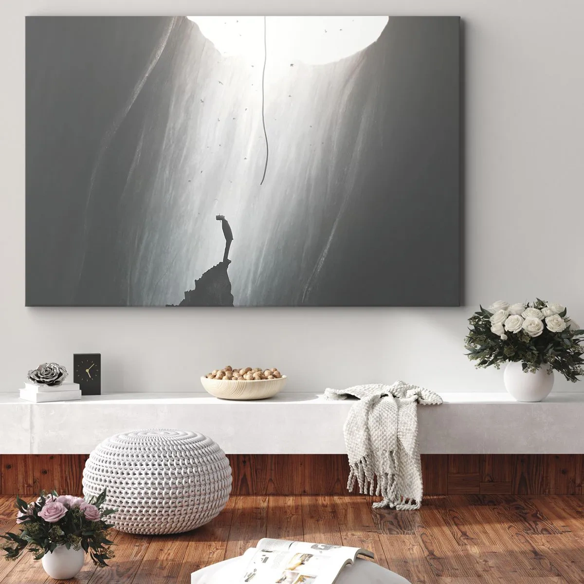 Lærredstryk - Billede på lærred - Silhuet af en mand på gulvet i en hule med udsigt til lyset - 70x50cm - Der er altid en vej ud - Moderne vægdekoration til stue og soveværelse ARTTOR