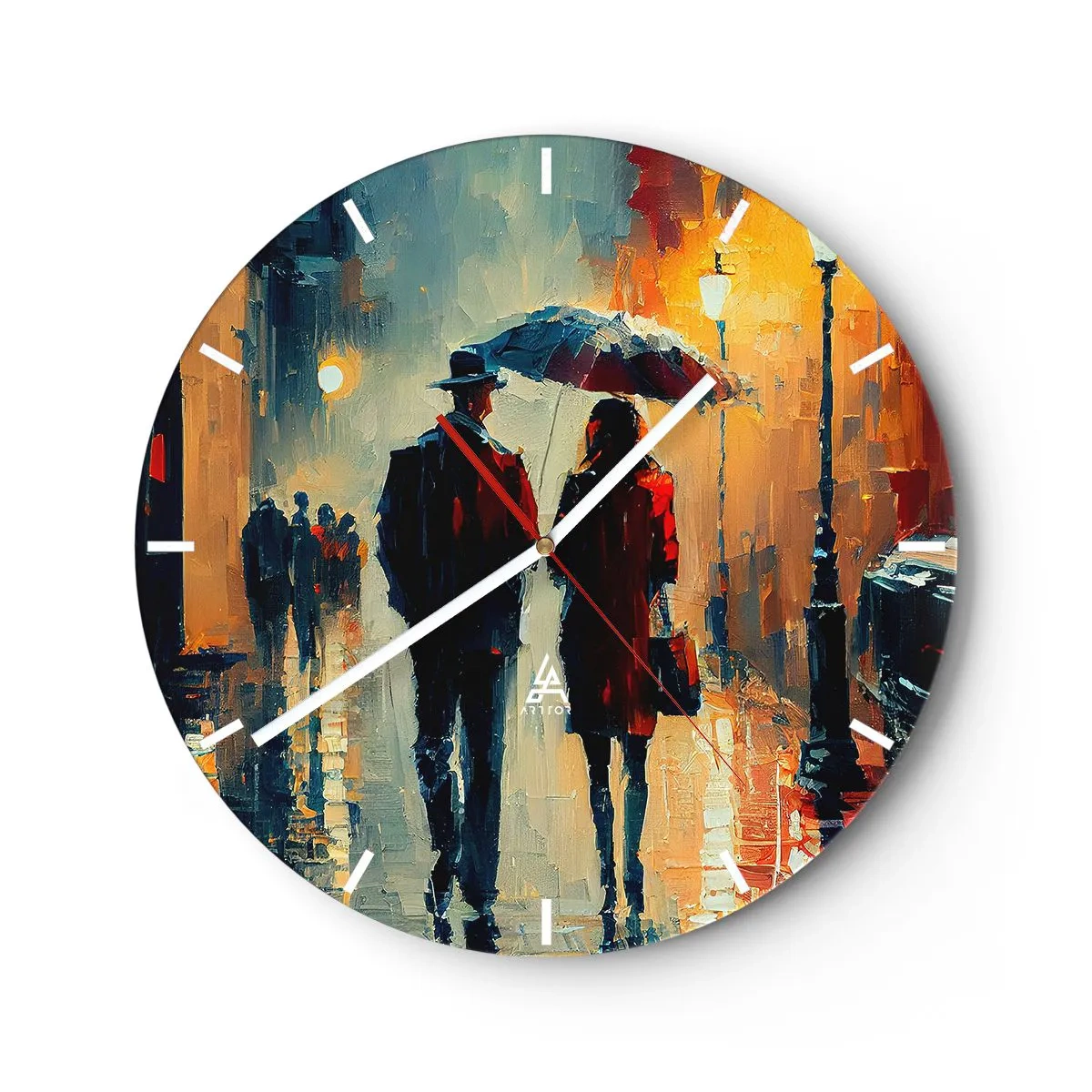 Vægur, Uret - Et par under en paraply i et bymiljø malet med paletkniv - 30x30cm - Urban kærlighedshistorie - Moderne vægdekoration til stue, køkken og soveværelse ARTTOR