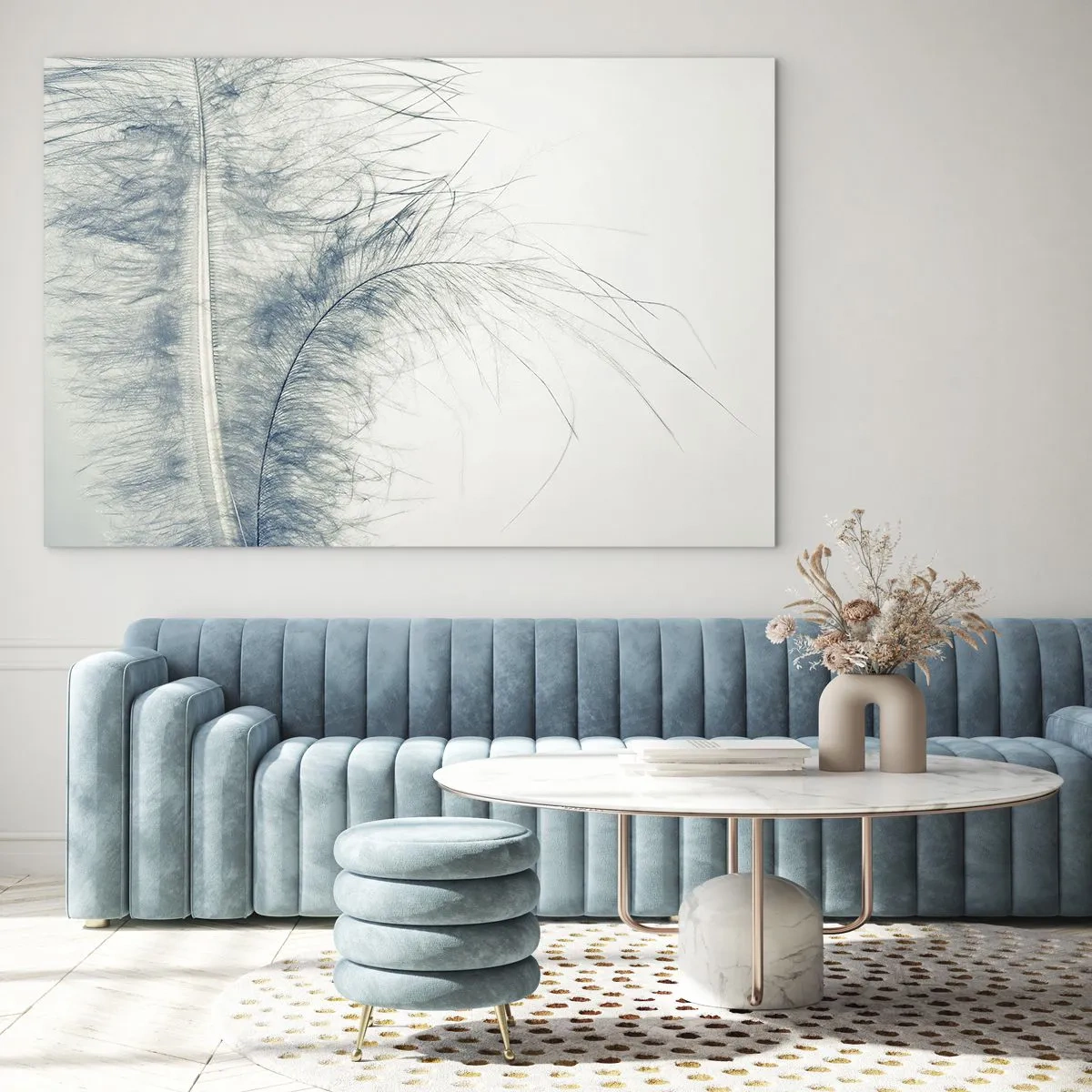 Billede på glas - En delikat fjer på en lys baggrund i minimalistisk stil - 70x50cm - Naturens hvisken - Moderne vægdekoration til stue og soveværelse ARTTOR