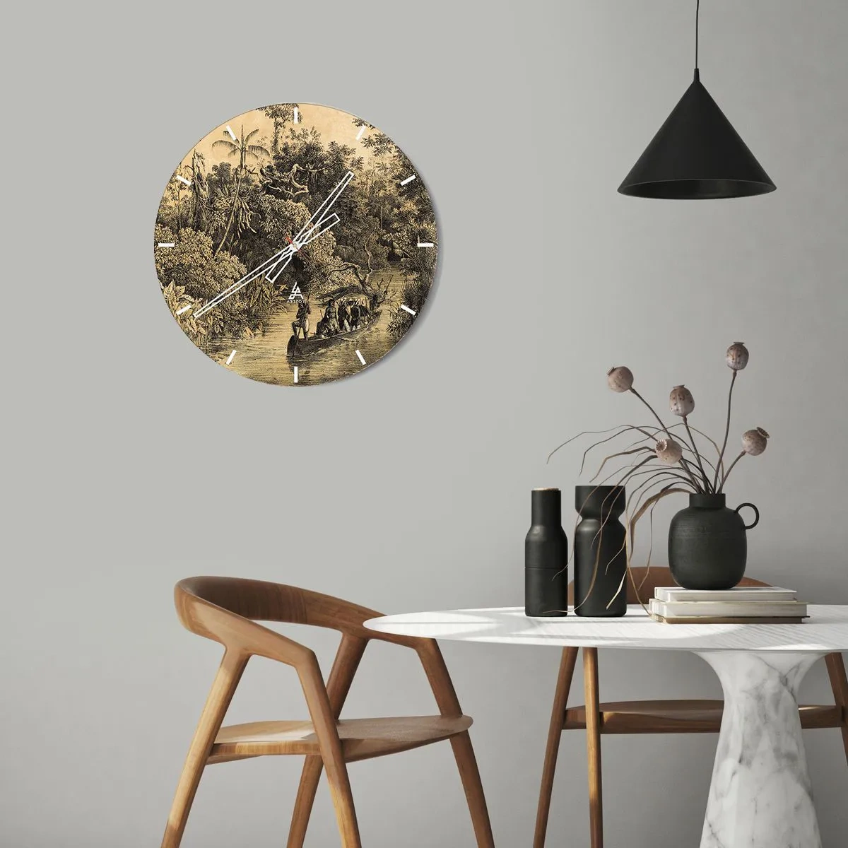 Vægur, Uret - Retro illustration af en tropisk jungleekspedition - 30x30cm - Rejsen til kilden - Moderne vægdekoration til stue, køkken og soveværelse ARTTOR