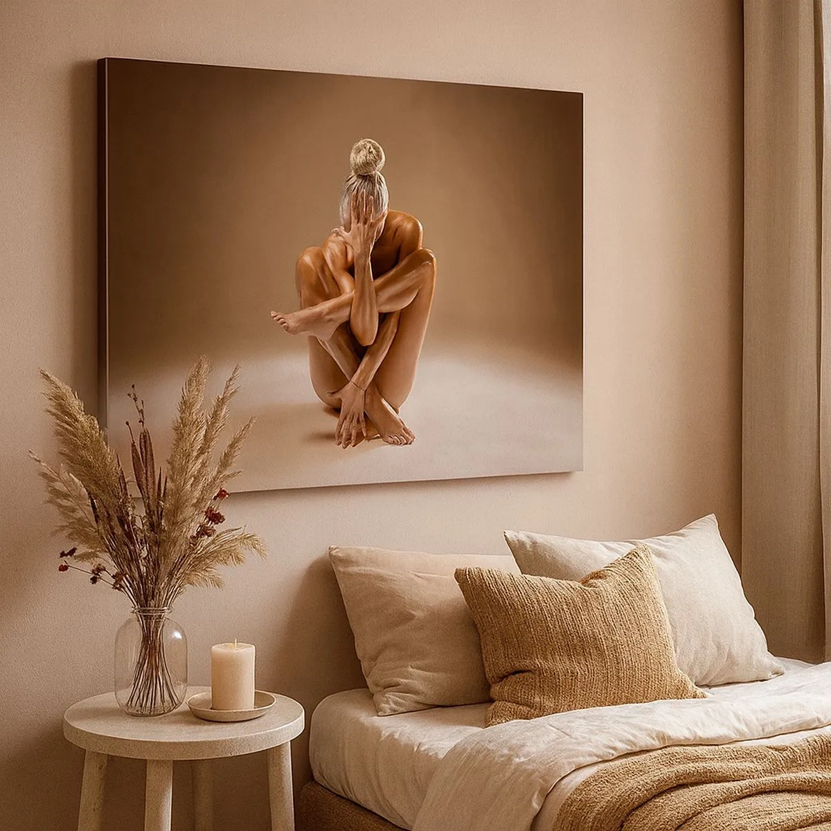 Lærredstryk - Billede på lærred - Kunstnerisk silhuet af en kvinde på en beige baggrund - 70x50cm - Enhed mellem krop og ånd - Moderne vægdekoration til stue og soveværelse ARTTOR