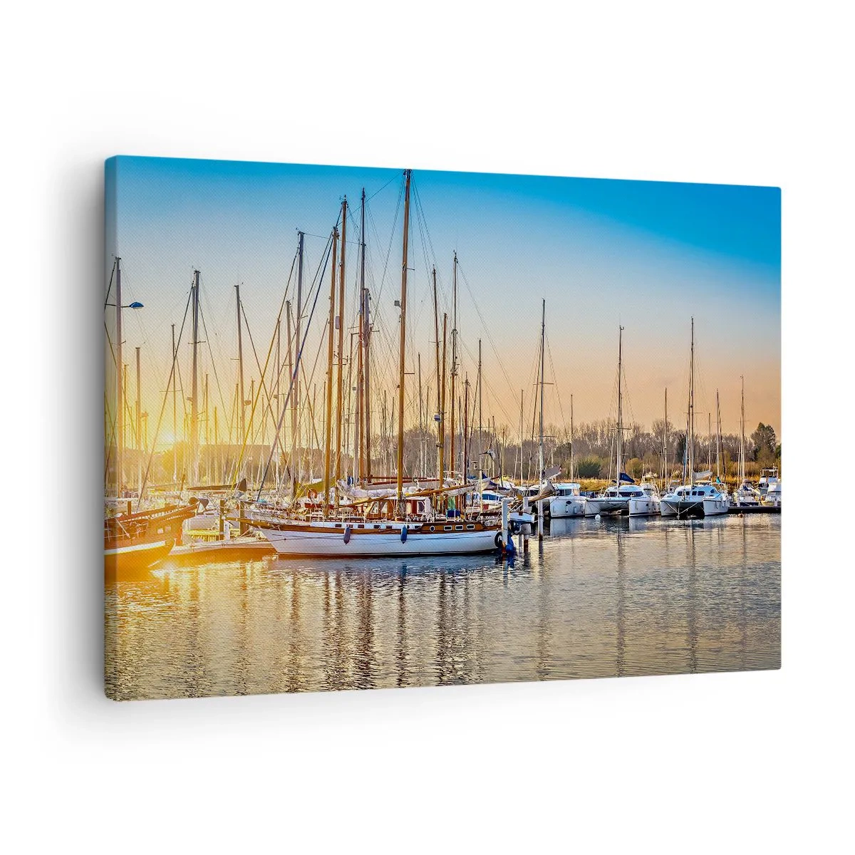Lærredstryk - Billede på lærred - Solnedgang over en marina fuld af sejlbåde - 70x50cm - Vinden skal også sove - Moderne vægdekoration til stue og soveværelse ARTTOR