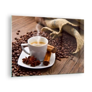 Billede på glas - En kop kaffe med kanel og kaffebønner på et træbord - 70x50cm - Krydret smag og aroma - Moderne vægdekoration til stue og soveværelse ARTTOR
