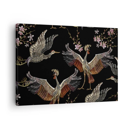 Lærredstryk - Billede på lærred - Stilfulde traner og blomster på en sort baggrund - 70x50cm - Eventyrlig fugl - Moderne vægdekoration til stue og soveværelse ARTTOR