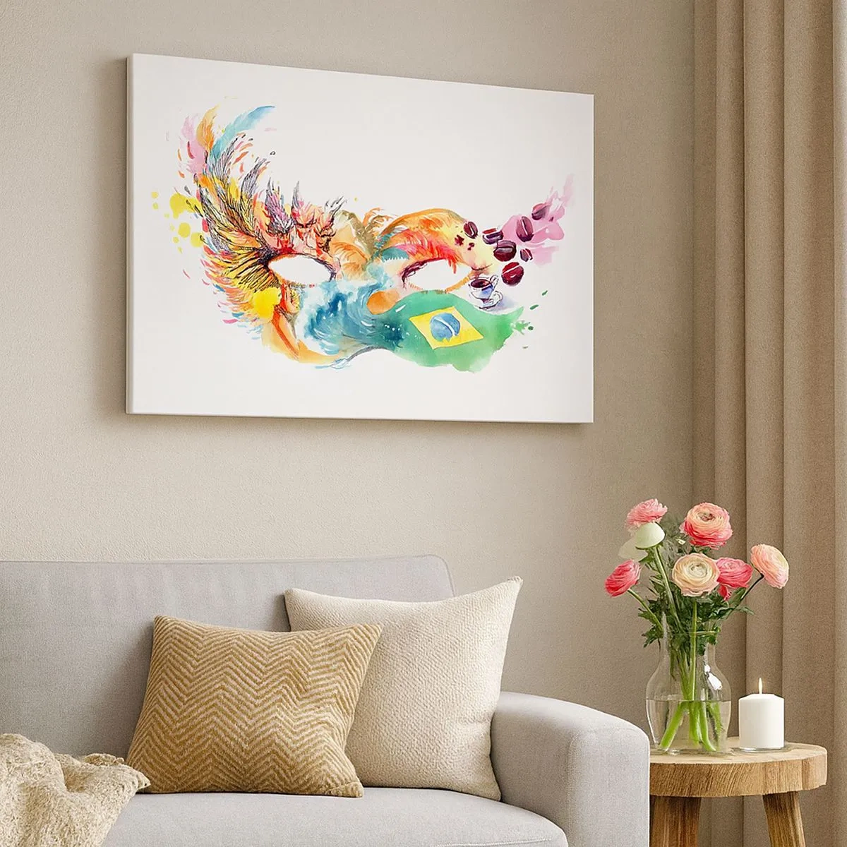 Lærredstryk - Billede på lærred - Farverig akvarelmaske inspireret af Brasilien - 70x50cm - Brasilien byder velkommen med samba - Moderne vægdekoration til stue og soveværelse ARTTOR