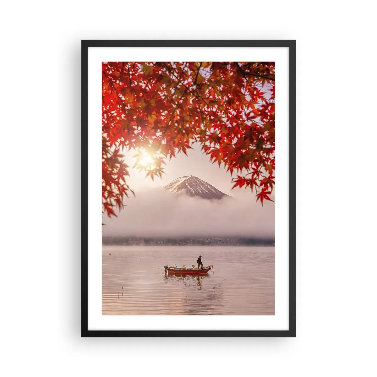 Plakat i sort ramme - Mount Fuji med en båd på en sø og efterårsblade - 50x70cm - I en japansk atmosfære - Moderne vægdekoration til stue og soveværelse ARTTOR