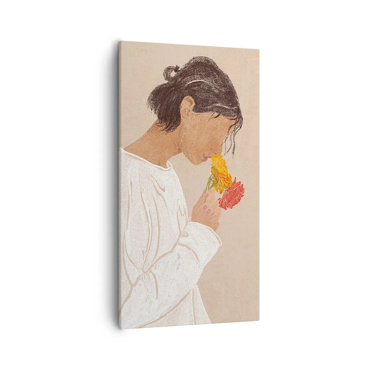 Lærredstryk - Billede på lærred - Pige og blomster - 55x100 cm