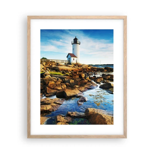 Plakat i ramme af lyst egetræ - Vend tilbage med glæde, jeg ser frem til - 40x50 cm