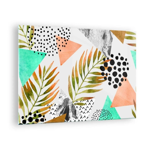 Billede på glas - Geometriske former og blade i pastelfarver - 70x50cm - Dekoration med palmeblade - Moderne vægdekoration til stue og soveværelse ARTTOR