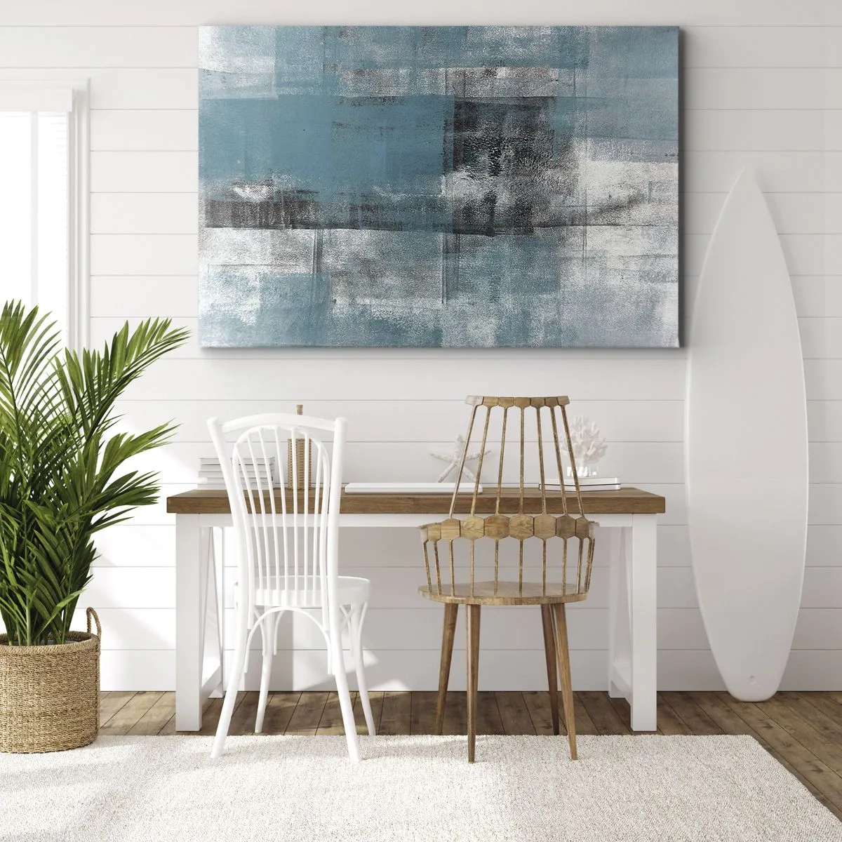 Lærredstryk - Billede på lærred - En abstrakt komposition i blå nuancer med tekstur og lag. - 70x50cm - Vand og luft - Moderne vægdekoration til stue og soveværelse ARTTOR