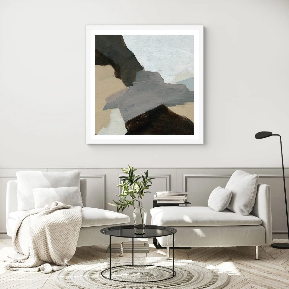 Plakat i hvid ramme - Abstraktion: afsked med det grå - 40x40 cm