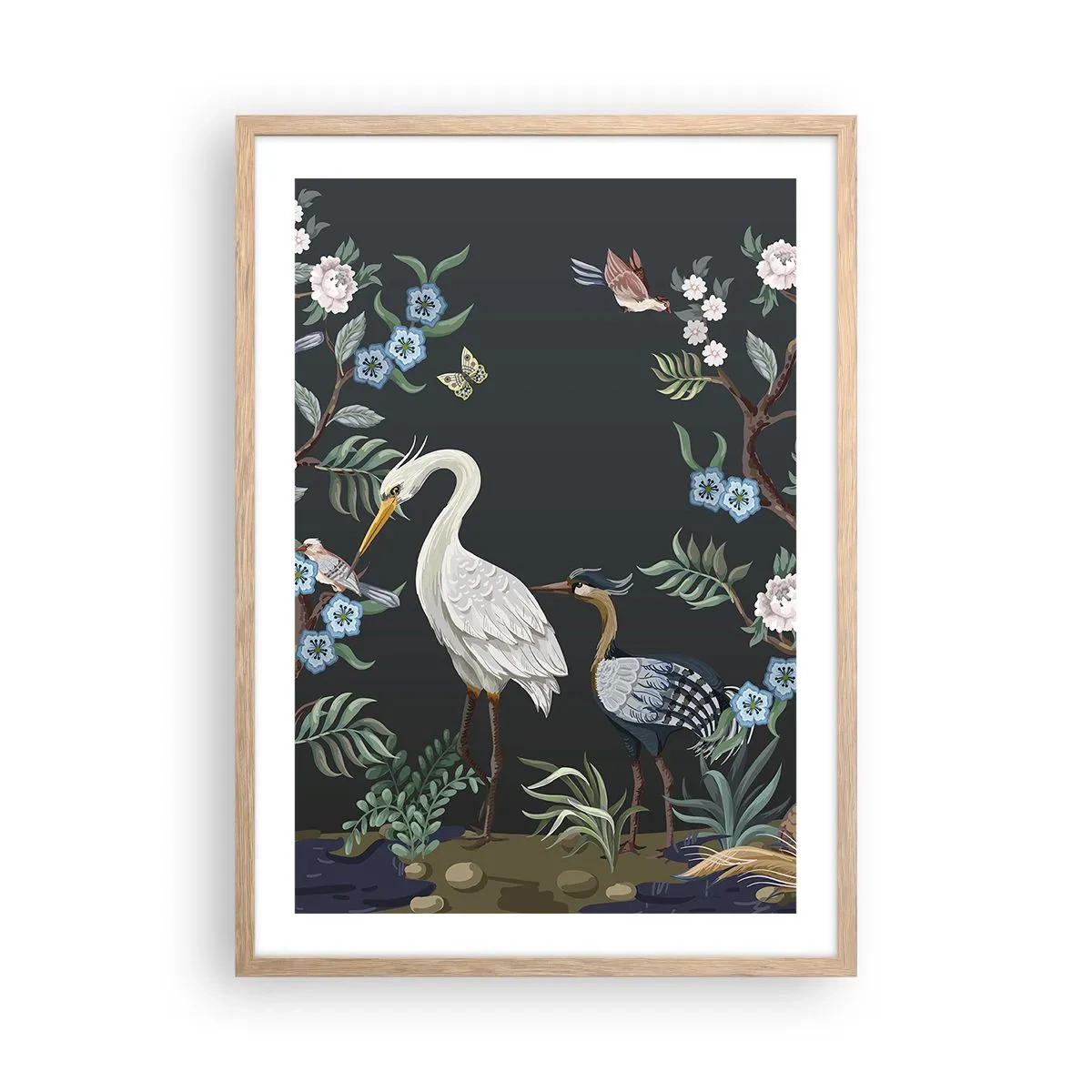 Plakat i ramme af lyst egetræ - Fugleparade - 50x70 cm