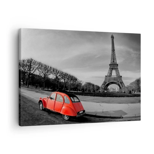 Lærredstryk - Billede på lærred - En rød bil med Eiffeltårnet i baggrunden i et sort-hvidt landskab - 70x50cm - Mere parisisk end Paris selv - Moderne vægdekoration til stue og soveværelse ARTTOR