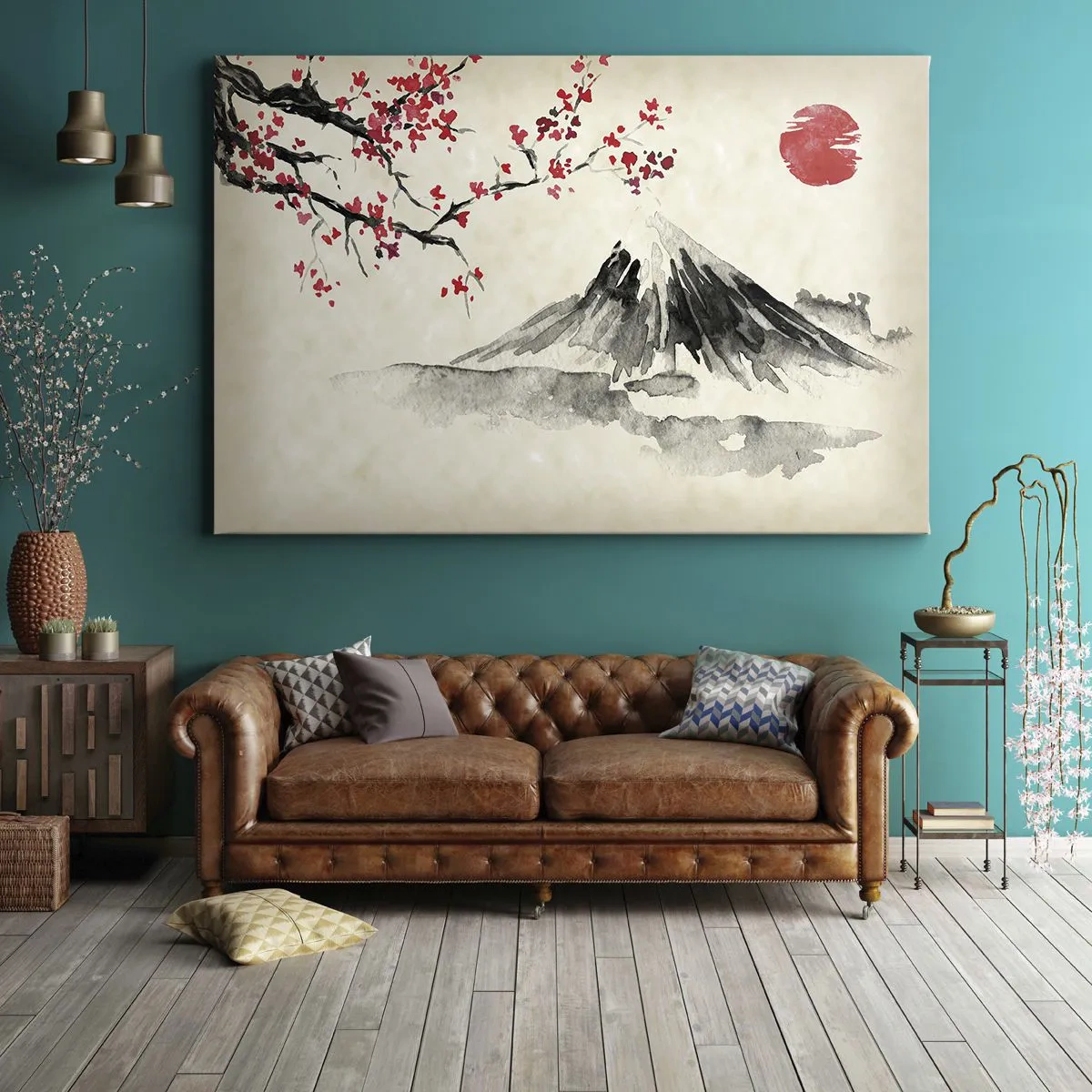 Lærredstryk - Billede på lærred - Et malerisk landskab med et bjerg, kirsebærblomster og solskin - 70x50cm - Bliv forelsket i Japan - Moderne vægdekoration til stue og soveværelse ARTTOR