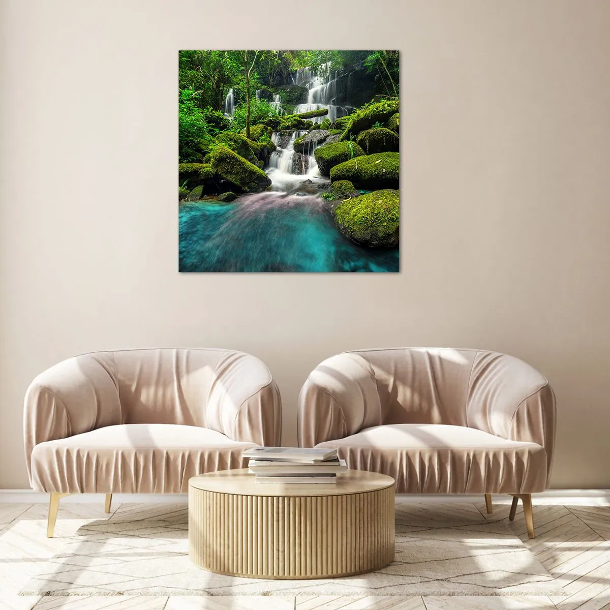 Billede på glas - Turkis, safirer og flydende sølv - 50x50 cm