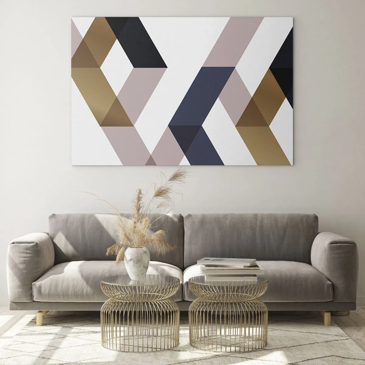 Billede på glas - Geometrisk mønster i guld- og beige nuancer - 70x50cm - Planer og vinkler - Moderne vægdekoration til stue og soveværelse ARTTOR