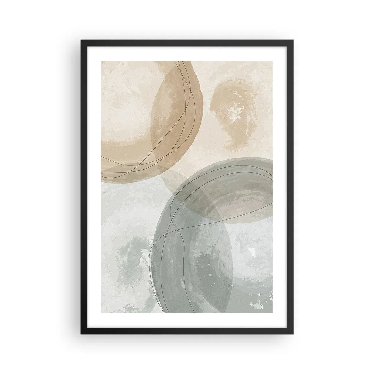 Plakat i sort ramme - Geometriske former i pastelfarver i jordfarver - 50x70cm - Gennemtrængning af verdener - Moderne vægdekoration til stue og soveværelse ARTTOR