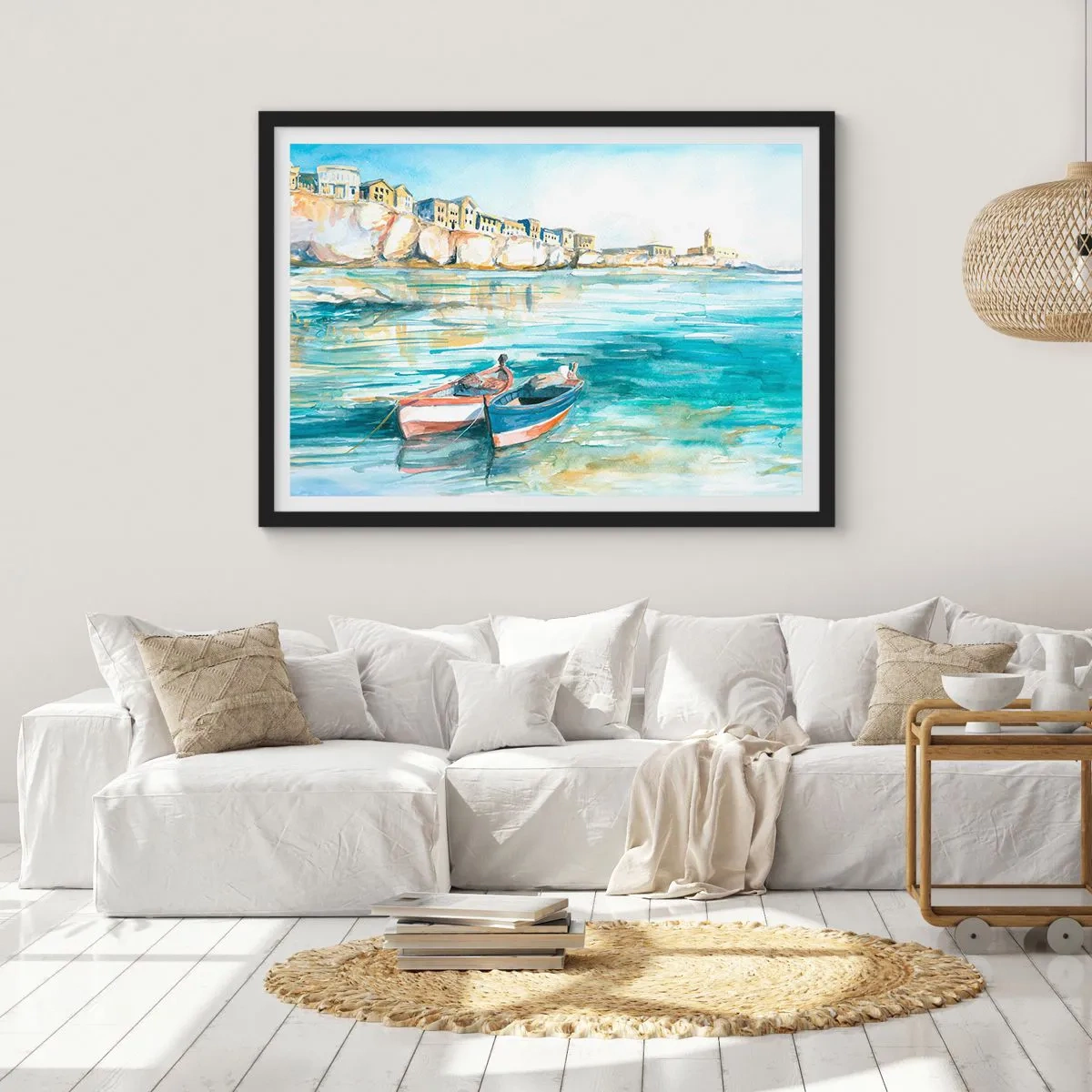 Plakat i sort ramme - Landskab i azurblå - 70x50 cm