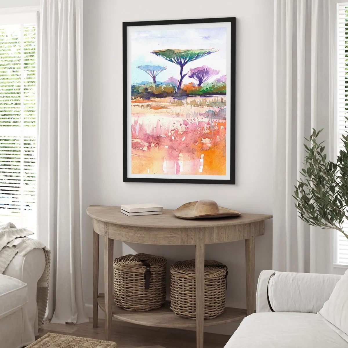 Plakat i sort ramme - Et akvarelmaleri af et savannelandskab med akacietræer. - 50x70cm - Savannens farver - Moderne vægdekoration til stue og soveværelse ARTTOR