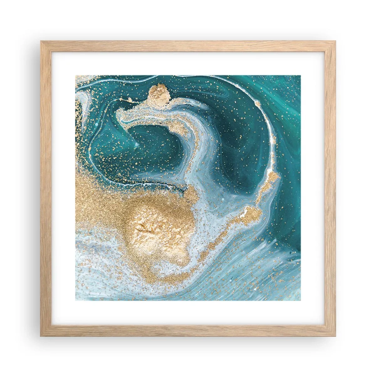 Plakat i ramme af lyst egetræ - En hvirvel af guld og turkis - 40x40 cm
