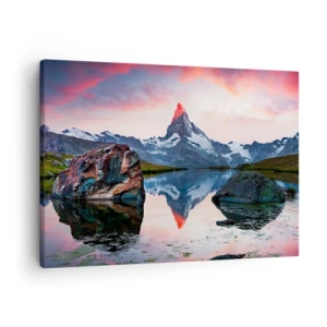 Lærredstryk - Billede på lærred - En bjergtop spejlet i en sø ved solnedgang - 70x50cm - Bjergenes hjerte er varmt - Moderne vægdekoration til stue og soveværelse ARTTOR