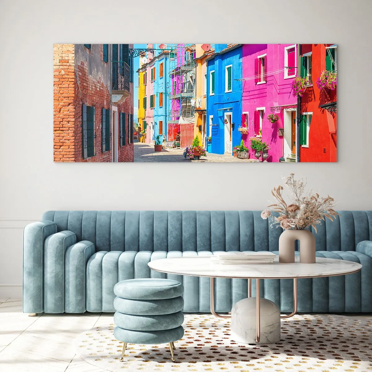 Billede på glas - Byen "Under papegøjer” - 90x30 cm