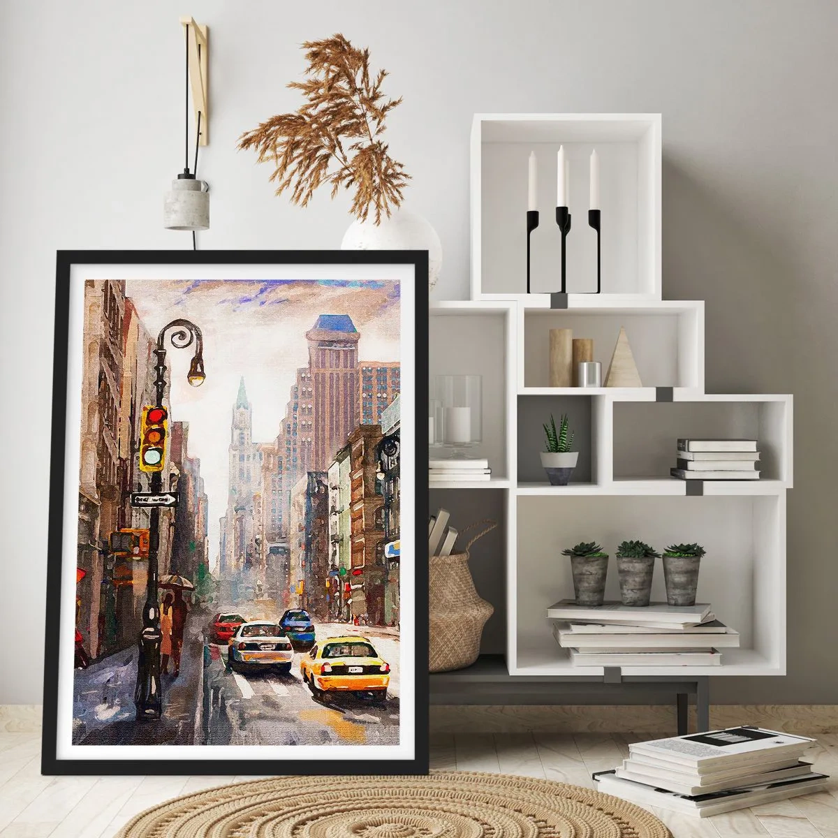 Plakat i sort ramme - Bygade med biler og trafiklys - 50x70cm - New York - også farverig i regnvejr - Moderne vægdekoration til stue og soveværelse ARTTOR