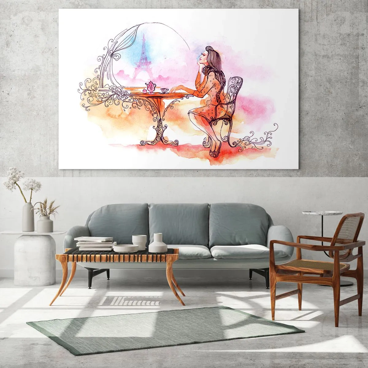 Billede på glas - En kvinde ved et bord med udsigt til Eiffeltårnet i pastelfarver - 70x50cm - Parisisk elegance - Moderne vægdekoration til stue og soveværelse ARTTOR