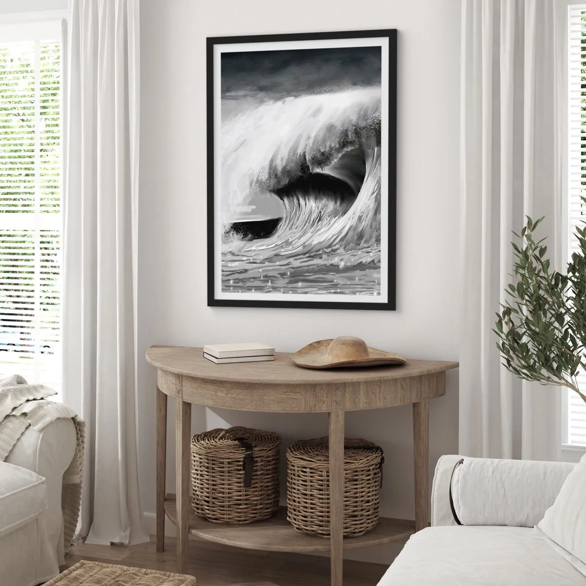 Plakat i sort ramme - En kraftfuld bølge i grå nuancer - 50x70cm - Havets vrede - Moderne vægdekoration til stue og soveværelse ARTTOR