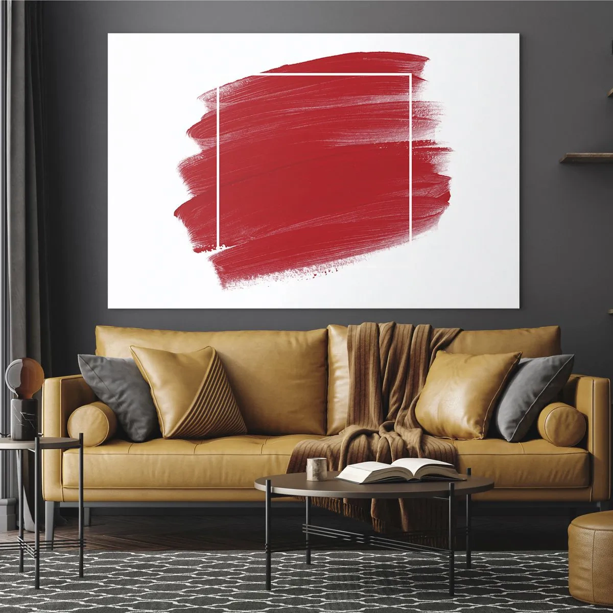 Billede på glas - Abstrakt rød plet med en hvid ramme - 70x50cm - Uden for rammen - Moderne vægdekoration til stue og soveværelse ARTTOR