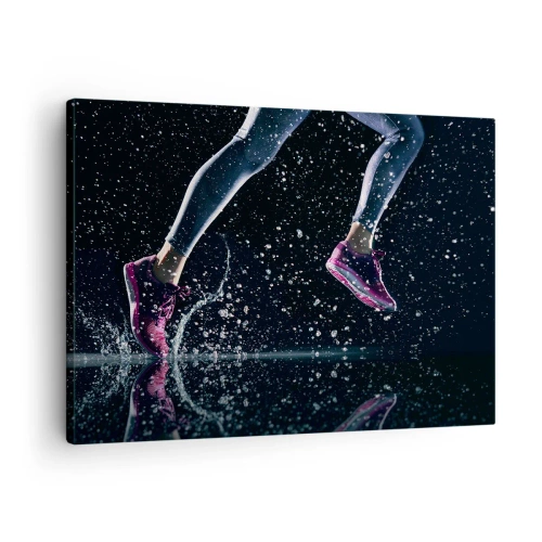 Lærredstryk - Billede på lærred - Et dynamisk billede af en løbetur i regnvejr mod en sort baggrund - 70x50cm - Så meget som du kan - Moderne vægdekoration til stue og soveværelse ARTTOR