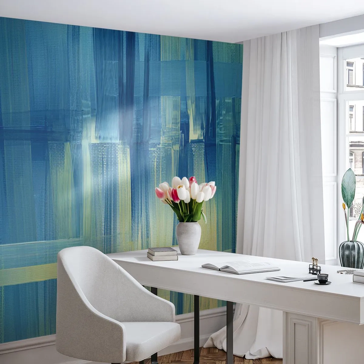 Fototapet Premium Canvas - Komposition i turkis - Abstraktion, bælter, Maritime - 300x210 cm