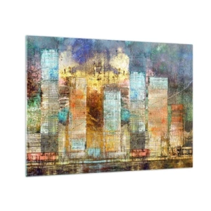 Billede på glas - Farverigt abstrakt panorama af byens skyskrabere i kunstnerisk stil - 70x50cm - Solrig metropol - Moderne vægdekoration til stue og soveværelse ARTTOR