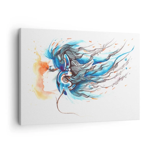 Lærredstryk - Billede på lærred - Kunstnerisk grafik af en kvinde med hovedtelefoner og musikalske accenter - 70x50cm - Lad musikken spille - Moderne vægdekoration til stue og soveværelse ARTTOR