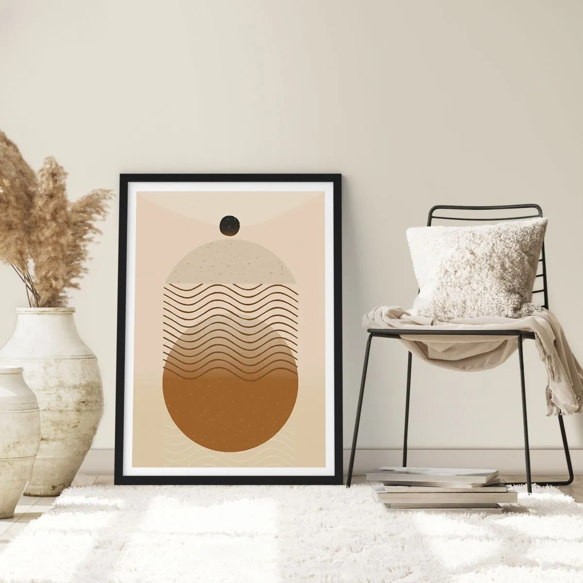 Plakat i sort ramme - Et minimalistisk mønster med bølger og geometriske former - 50x70cm - Om geometriske figurers oprindelse - Moderne vægdekoration til stue og soveværelse ARTTOR