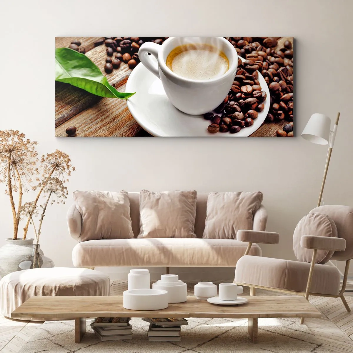 Lærredstryk - Billede på lærred - Kaffe på bænken - 120x50 cm