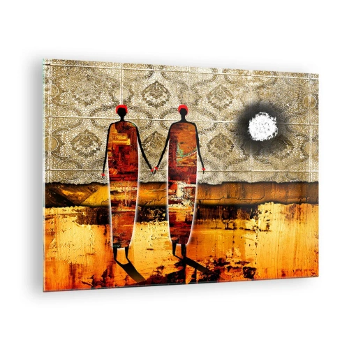 Billede på glas - To abstrakte figurer mod en baggrund af ornament og gyldne nuancer - 70x50cm - Etnisk sammensætning i farverne i Afrika - Moderne vægdekoration til stue og soveværelse ARTTOR