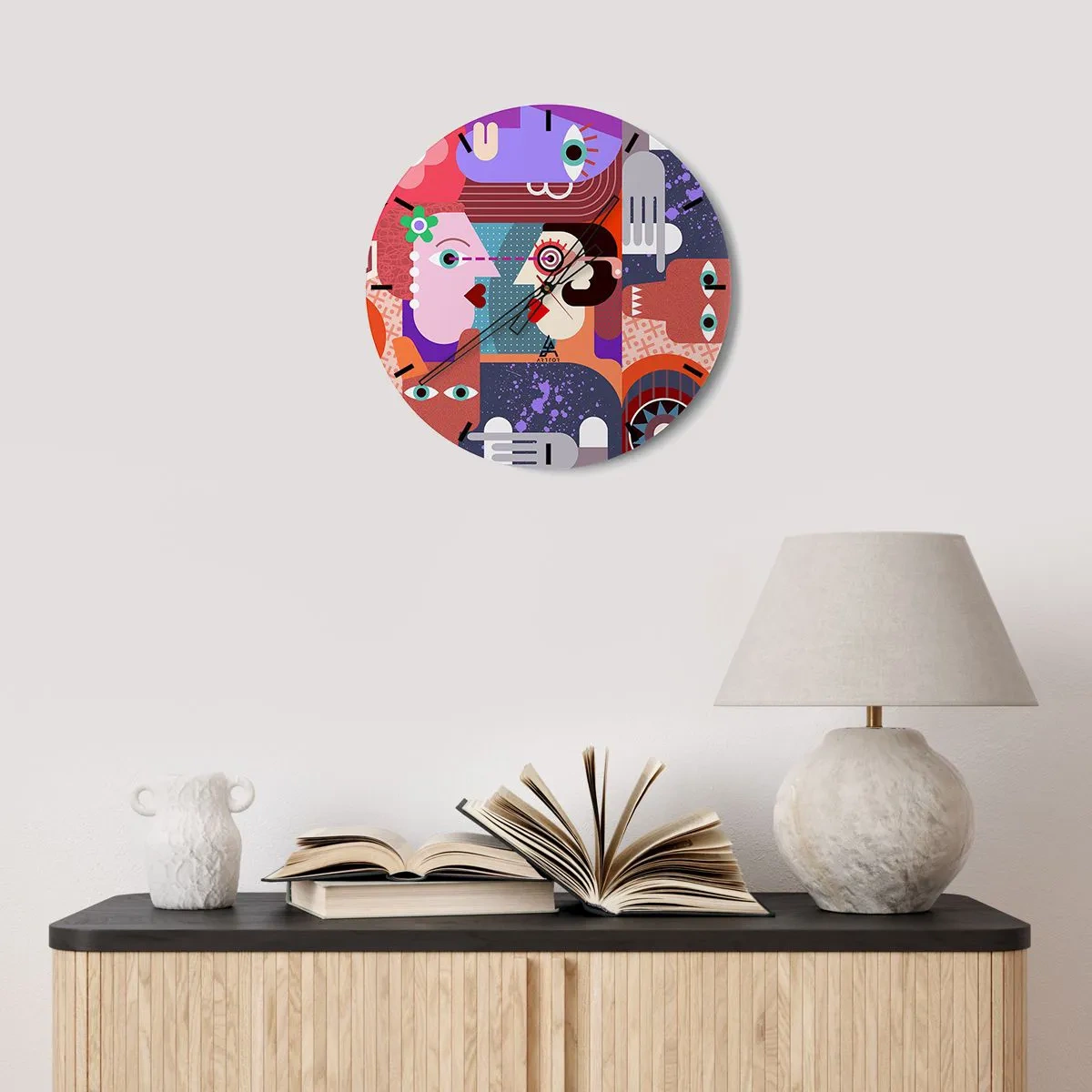 Vægur, Uret - Farverig abstraktion med et ansigtsmotiv i kubistisk stil - 30x30cm - Øje mod øje - Moderne vægdekoration til stue, køkken og soveværelse ARTTOR