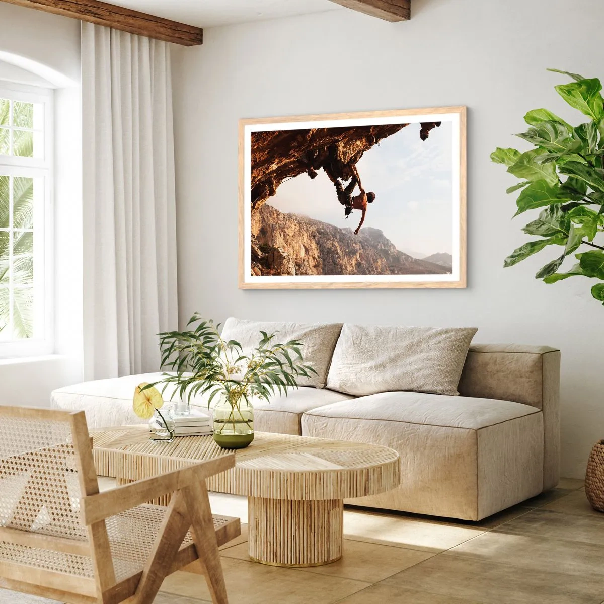 Plakat i ramme af lyst egetræ - Verden skrumpede ind i en håndfuld på en klippeskrænt - 40x30 cm