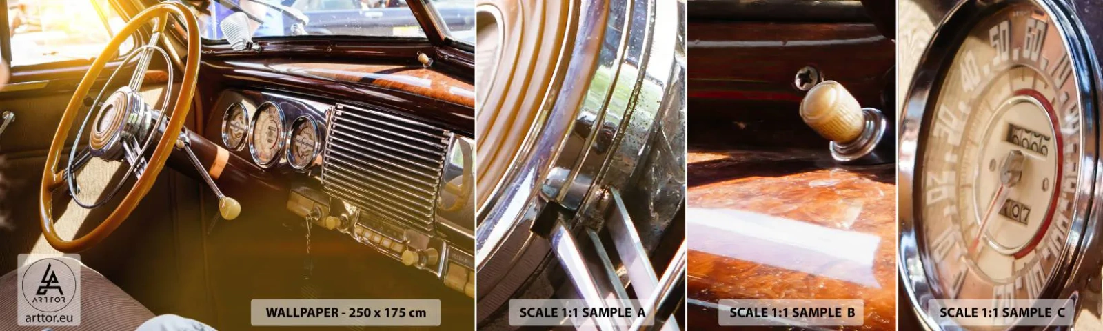 Fototapet Prøve Standard Eco - Et pust af luksus fra fortiden - Veteranbil, Automotive, Dashboard - 100x30 cm