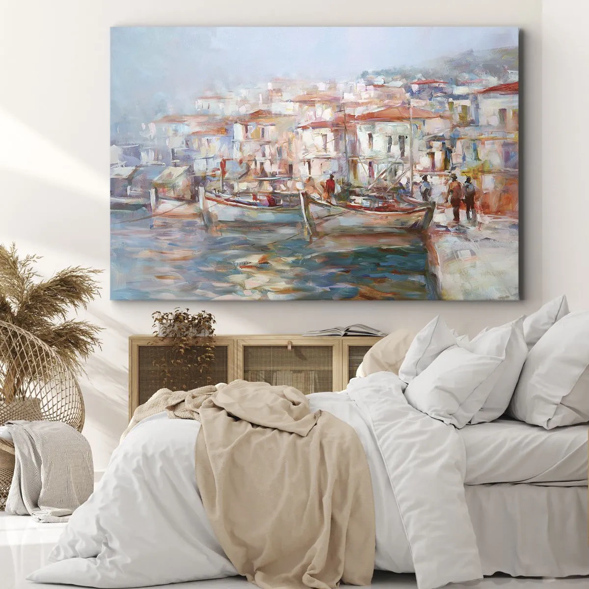 Lærredstryk - Billede på lærred - Havneindtryk med både og bygninger - 70x50cm - Pastelfarvede helligdage - Moderne vægdekoration til stue og soveværelse ARTTOR
