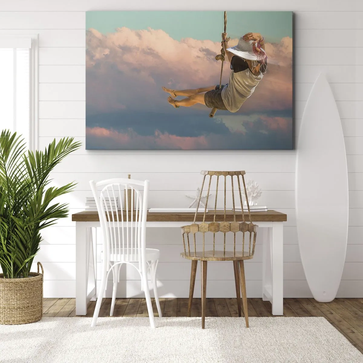 Lærredstryk - Billede på lærred - Kvinde på en gynge blandt lyserøde skyer - 70x50cm - Sjov i skyerne - Moderne vægdekoration til stue og soveværelse ARTTOR