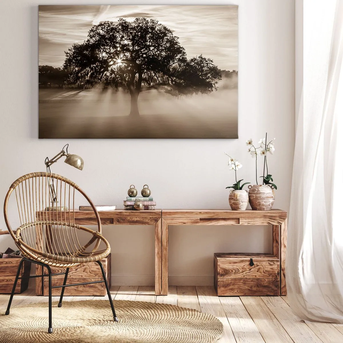 Lærredstryk - Billede på lærred - Solstråler skinner gennem et ensomt træ - 70x50cm - Det gode videnstræ - Moderne vægdekoration til stue og soveværelse ARTTOR