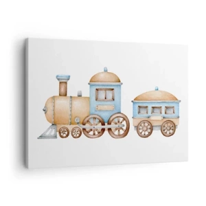 Lærredstryk - Billede på lærred - Tegning af et tog i pastelfarver på en hvid baggrund - 70x50cm - Stående på stationen... - Moderne vægdekoration til stue og soveværelse ARTTOR