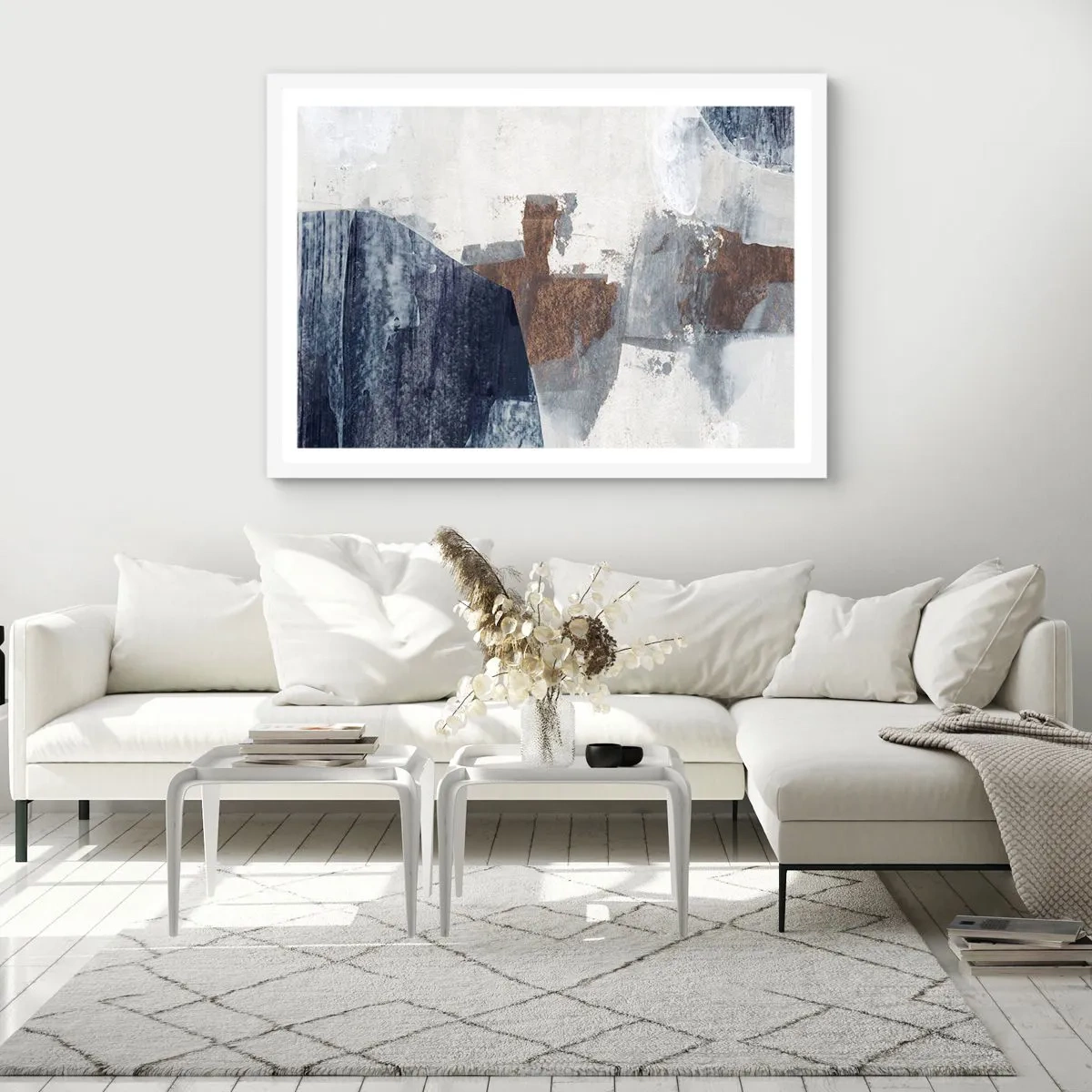 Plakat i hvid ramme - Blåbrune former - 91x61 cm