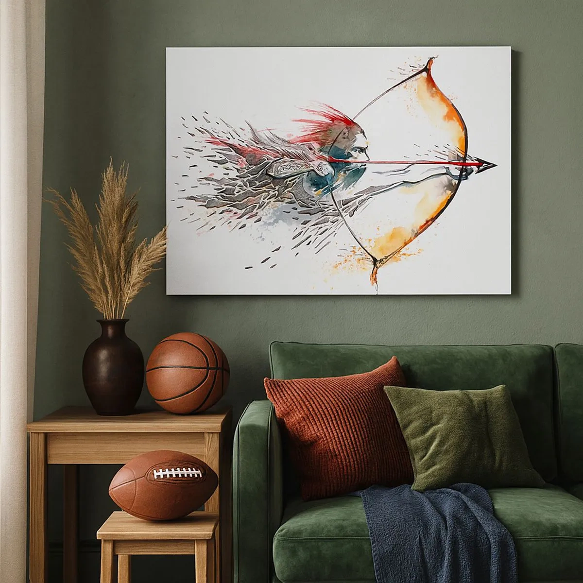 Lærredstryk - Billede på lærred - Dynamisk akvarelmaleri af en kriger med bue og pil - 70x50cm - Mytisk kriger med en brændende bue - Moderne vægdekoration til stue og soveværelse ARTTOR