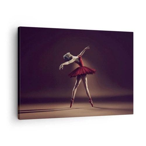Lærredstryk - Billede på lærred - En balletdanser i en rød kjole mod en scenes baggrund - 70x50cm - Prima ballerina - Moderne vægdekoration til stue og soveværelse ARTTOR