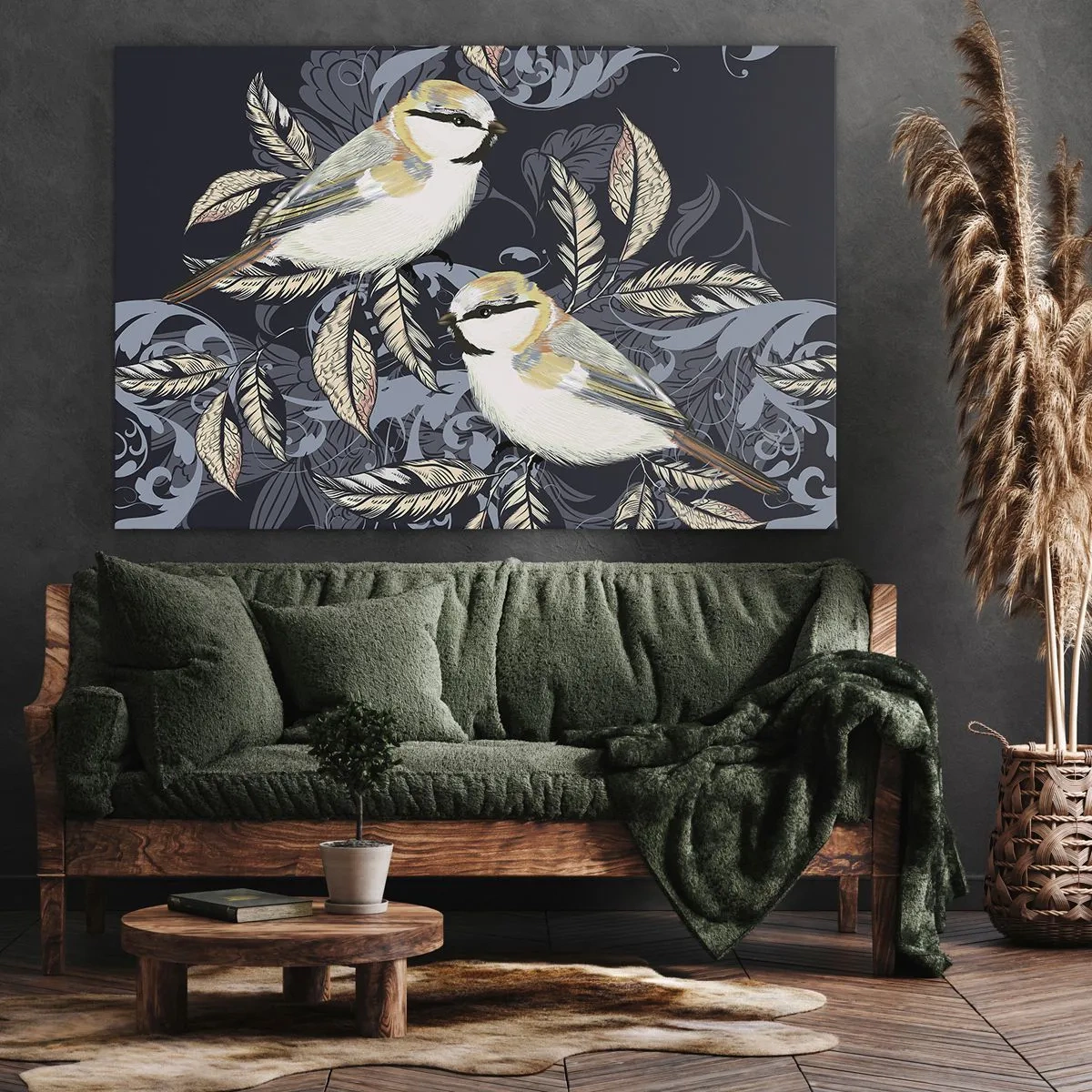 Lærredstryk - Billede på lærred - Fugle på grene i en ornamental baggrund - 70x50cm - Gul-blå espalier - Moderne vægdekoration til stue og soveværelse ARTTOR