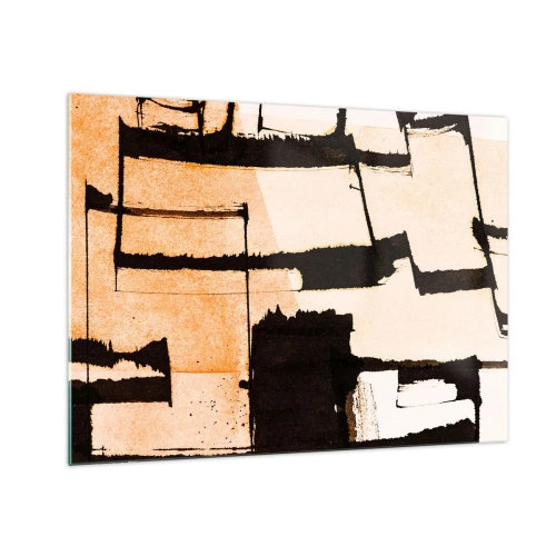 Billede på glas - Geometrisk abstraktion i beige og sorte nuancer - 70x50cm - Og alligevel orden - Moderne vægdekoration til stue og soveværelse ARTTOR